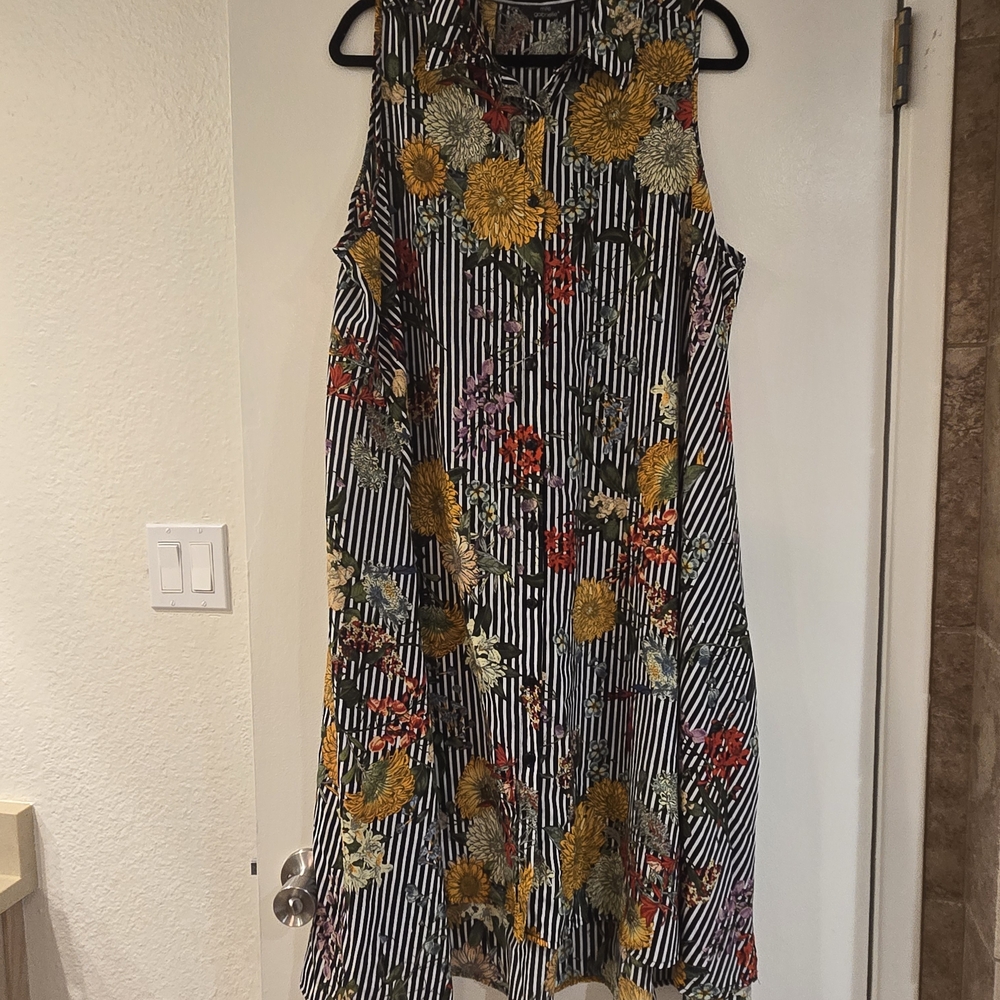 Striped Floral Sleeveless Midi Dress